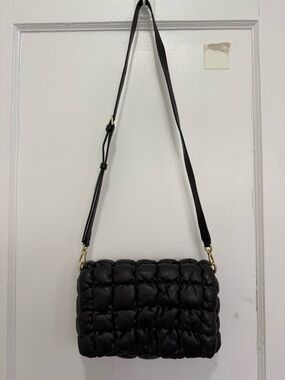COS Black Leather Quilted Padded Crossbody Bag with Gold Hardware
